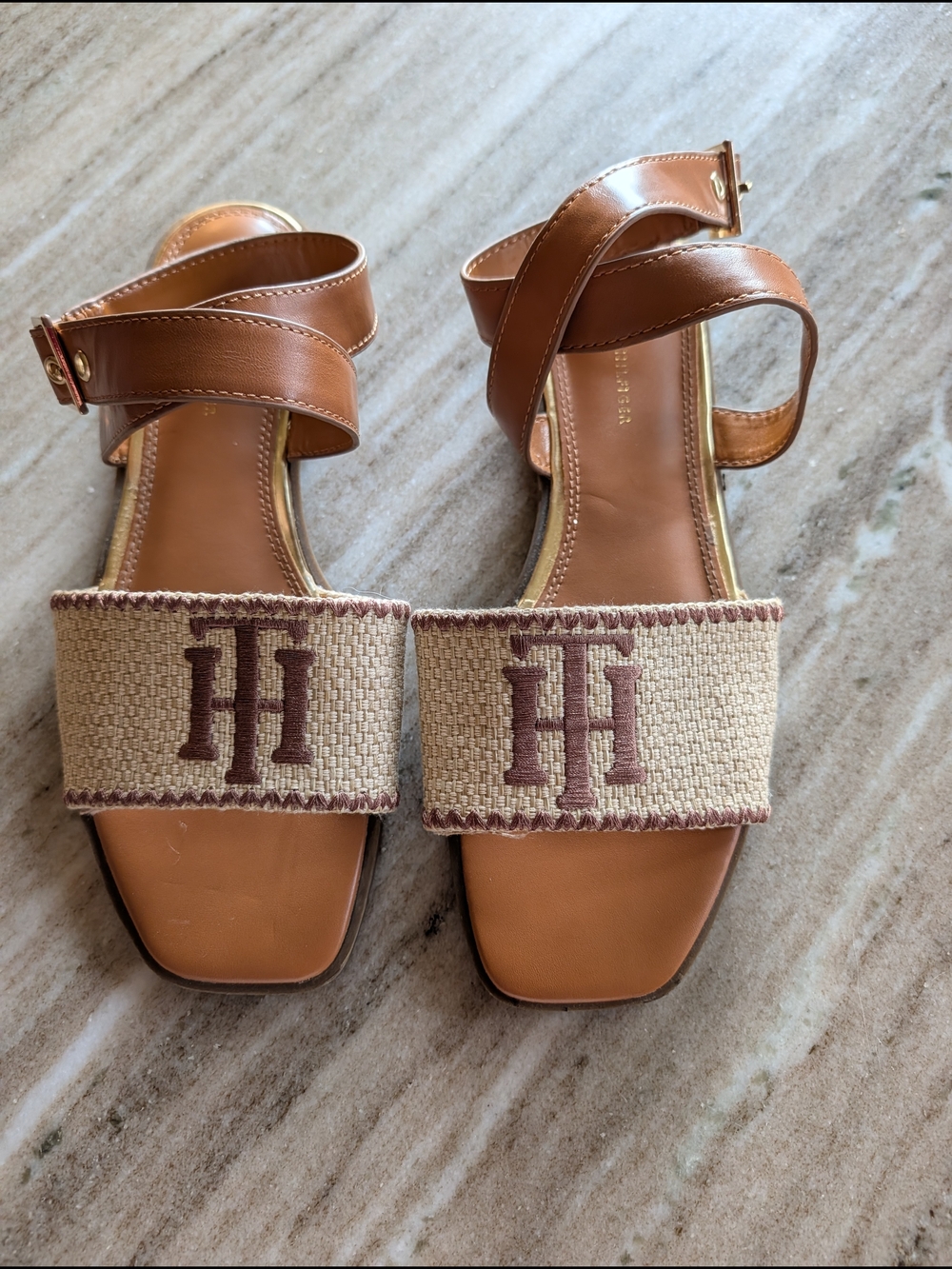 Tommy Hilfiger Tan Leather & Canvas Slide Sandals - Brown